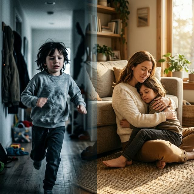 tow side image one show mother holding child other child running in house