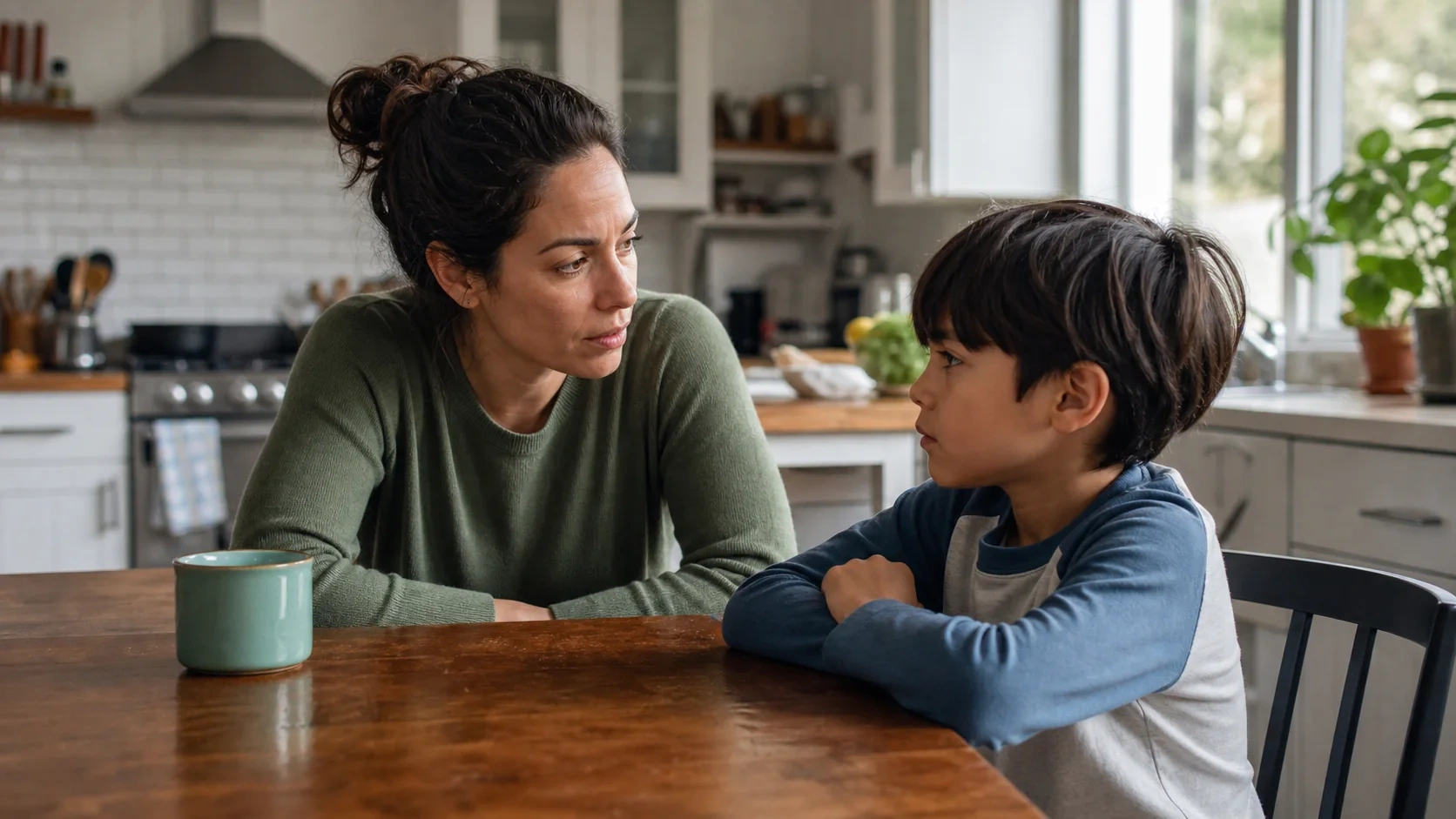 Caregiver listening calmly to a child during a difficult parenting moment