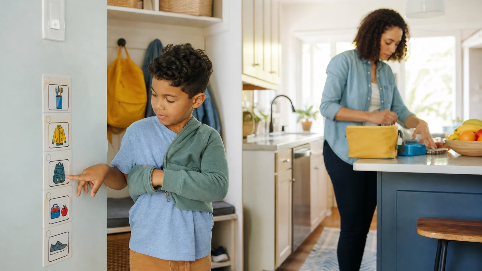 Child following a picture-based morning routine while a parent prepares lunch