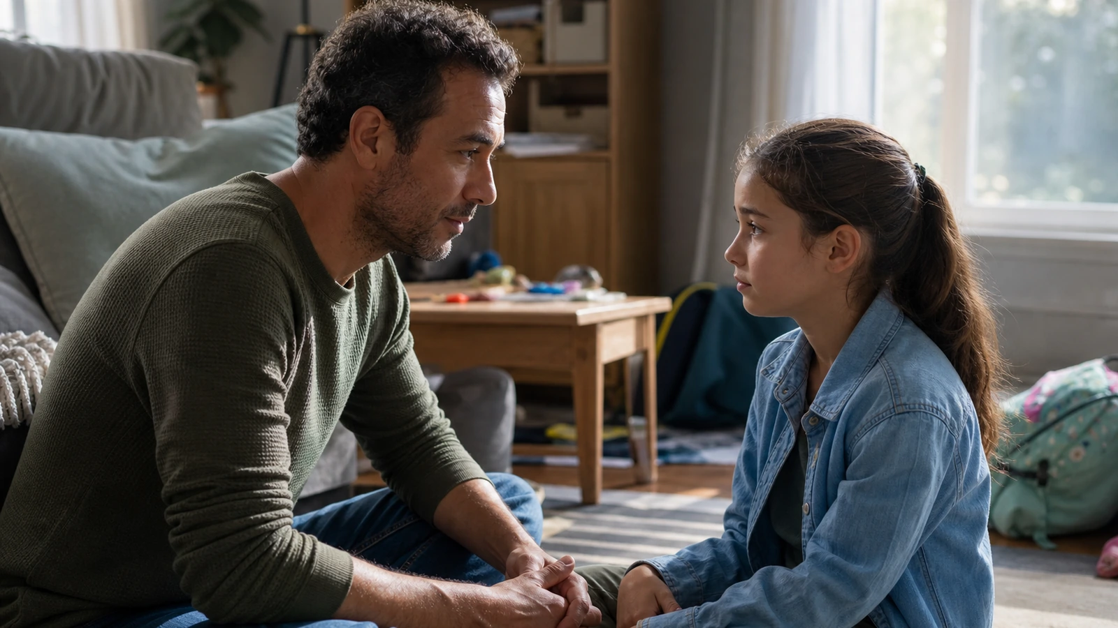 Father calmly reconnecting with his daughter after a difficult parenting moment