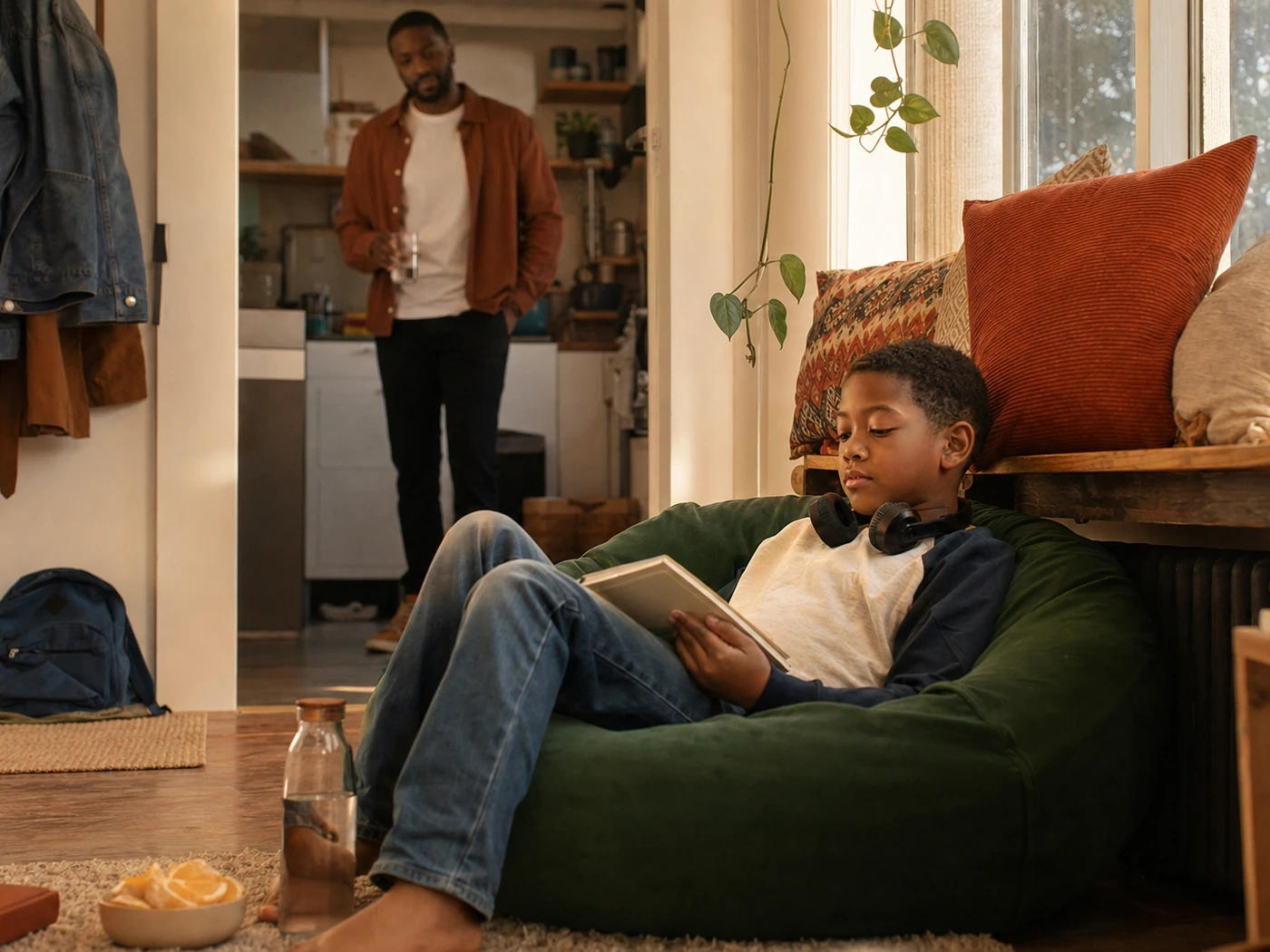  Father giving his child quiet decompression time after school