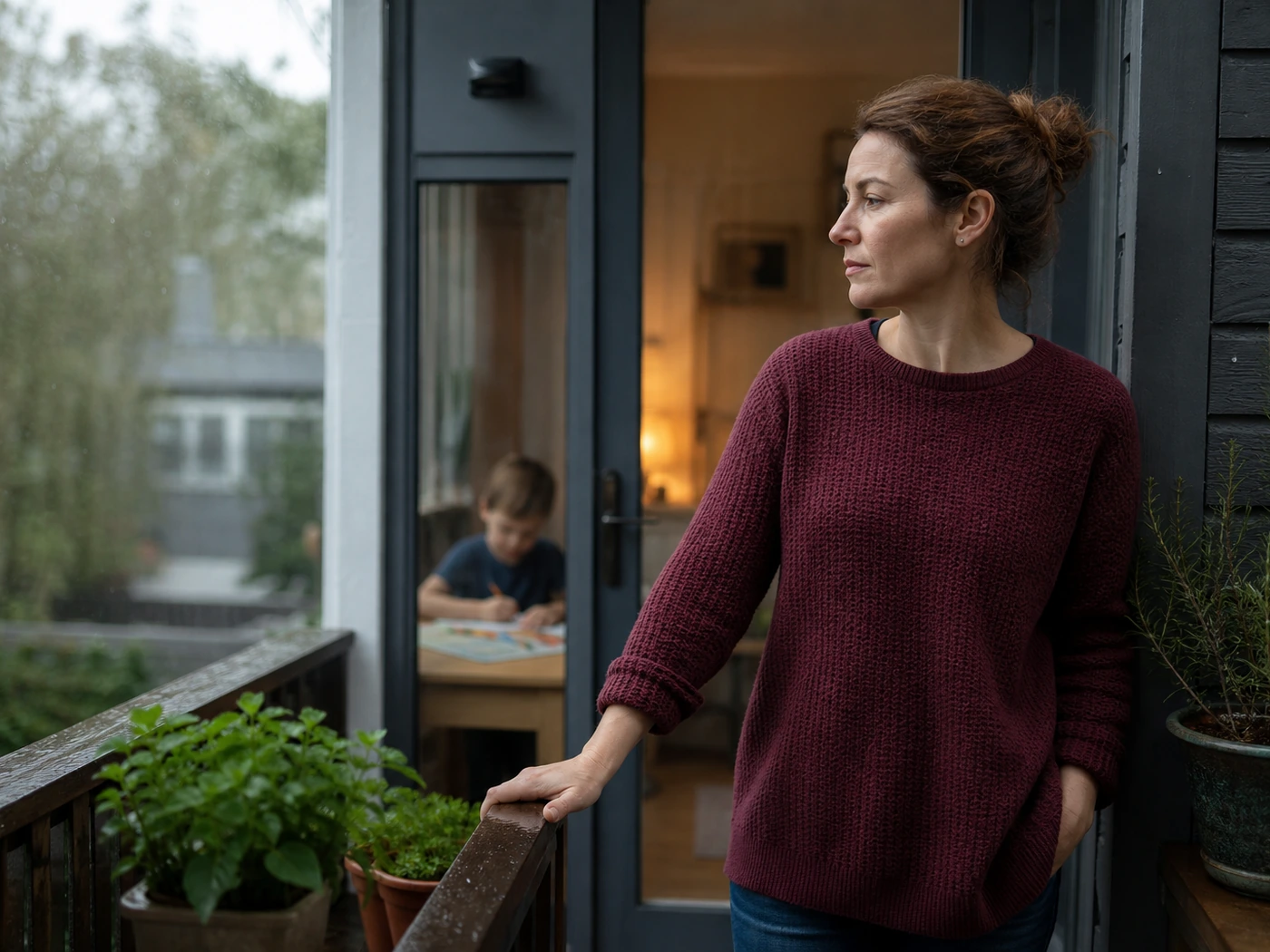 Mother pausing to regulate herself before returning to a conversation with her child