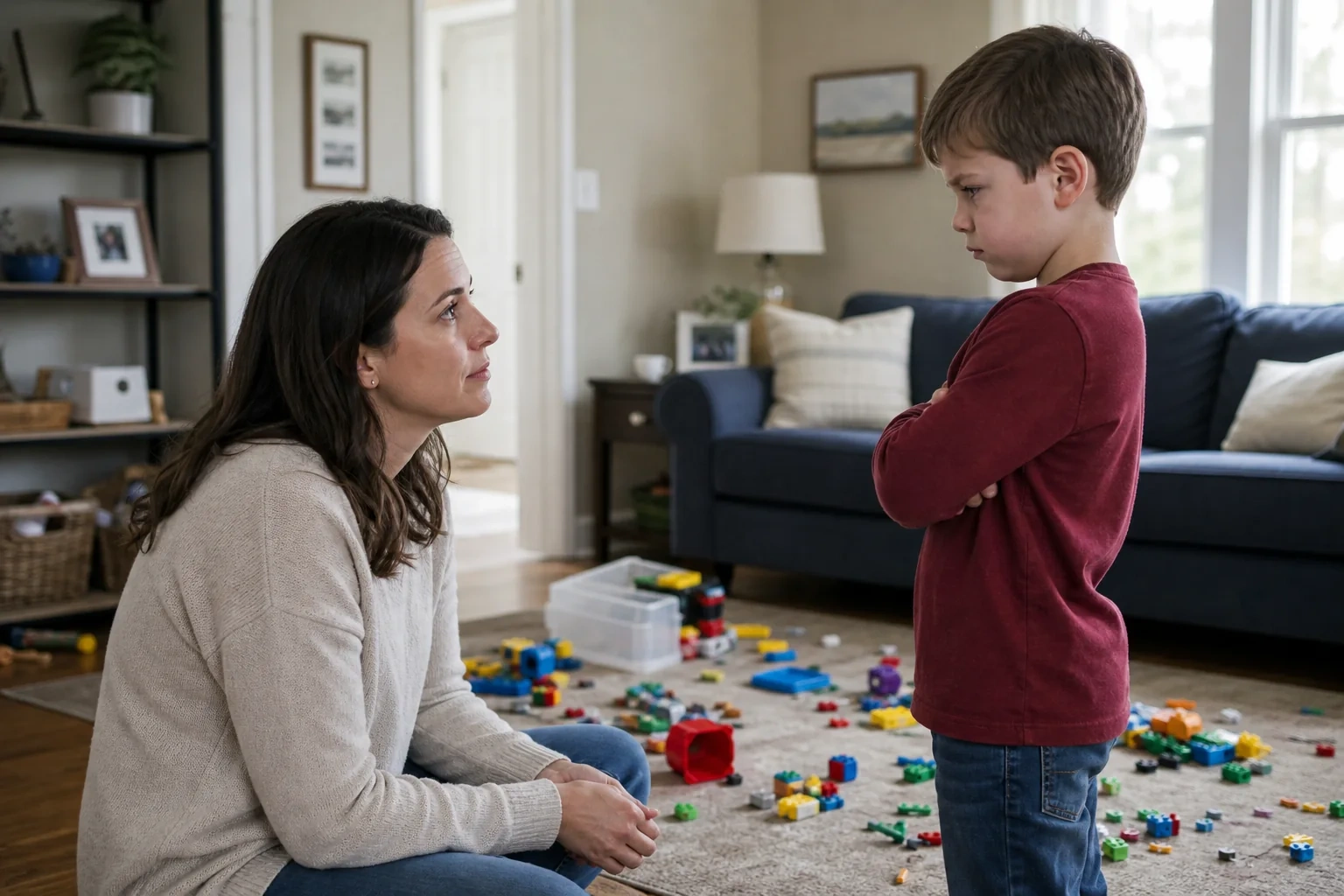Caregiver connecting with an upset child while maintaining a clear boundary
