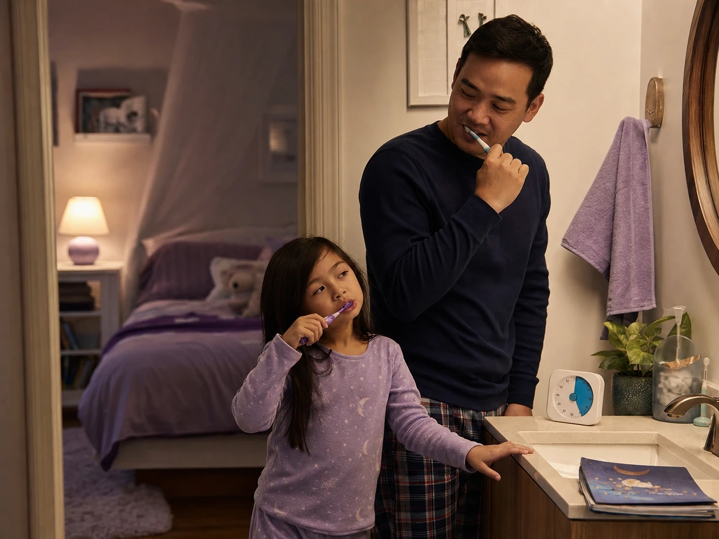 Father and daughter following a predictable bedtime routine