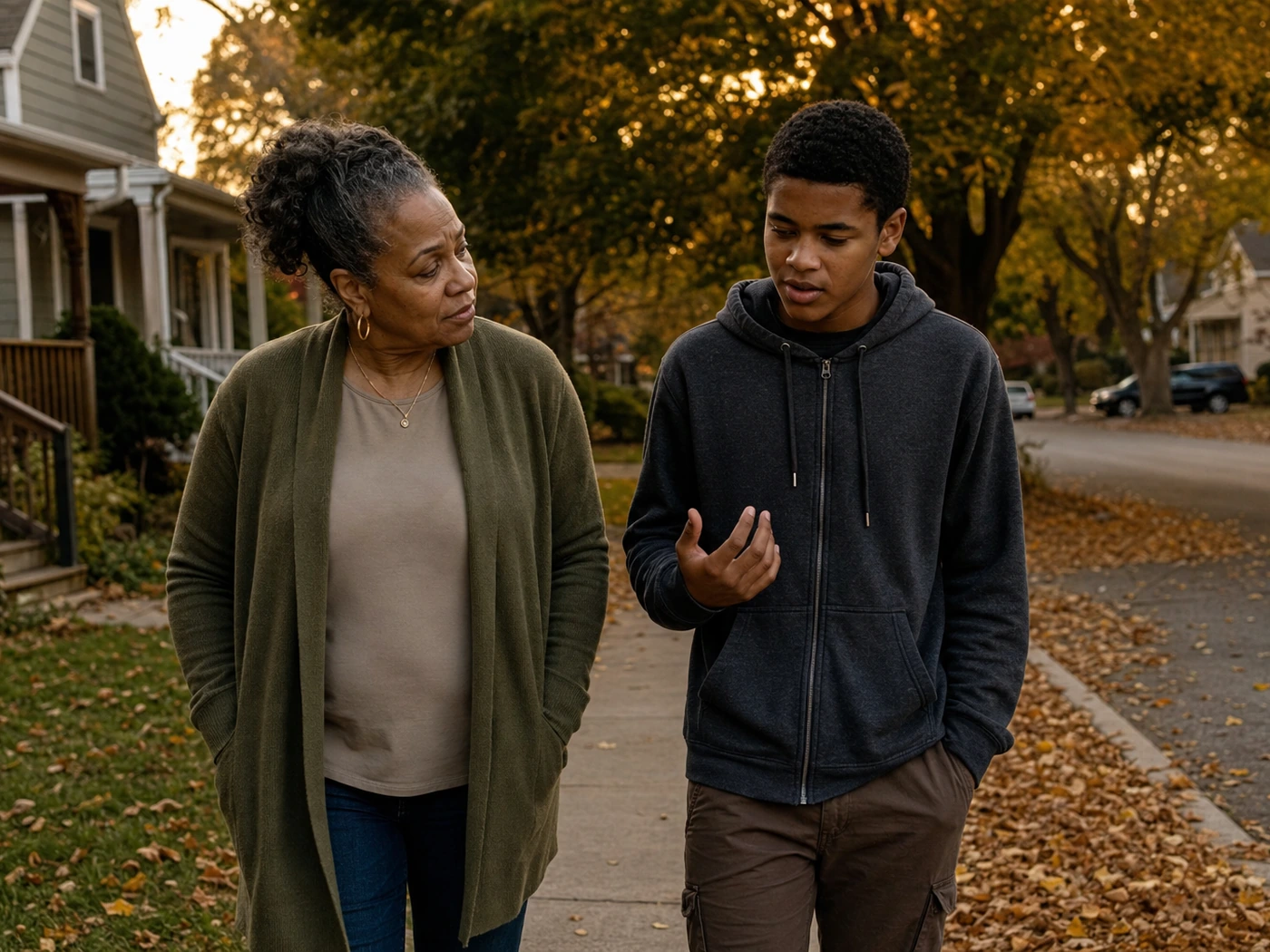 Grandmother listening to her teenage grandson during a quiet walk