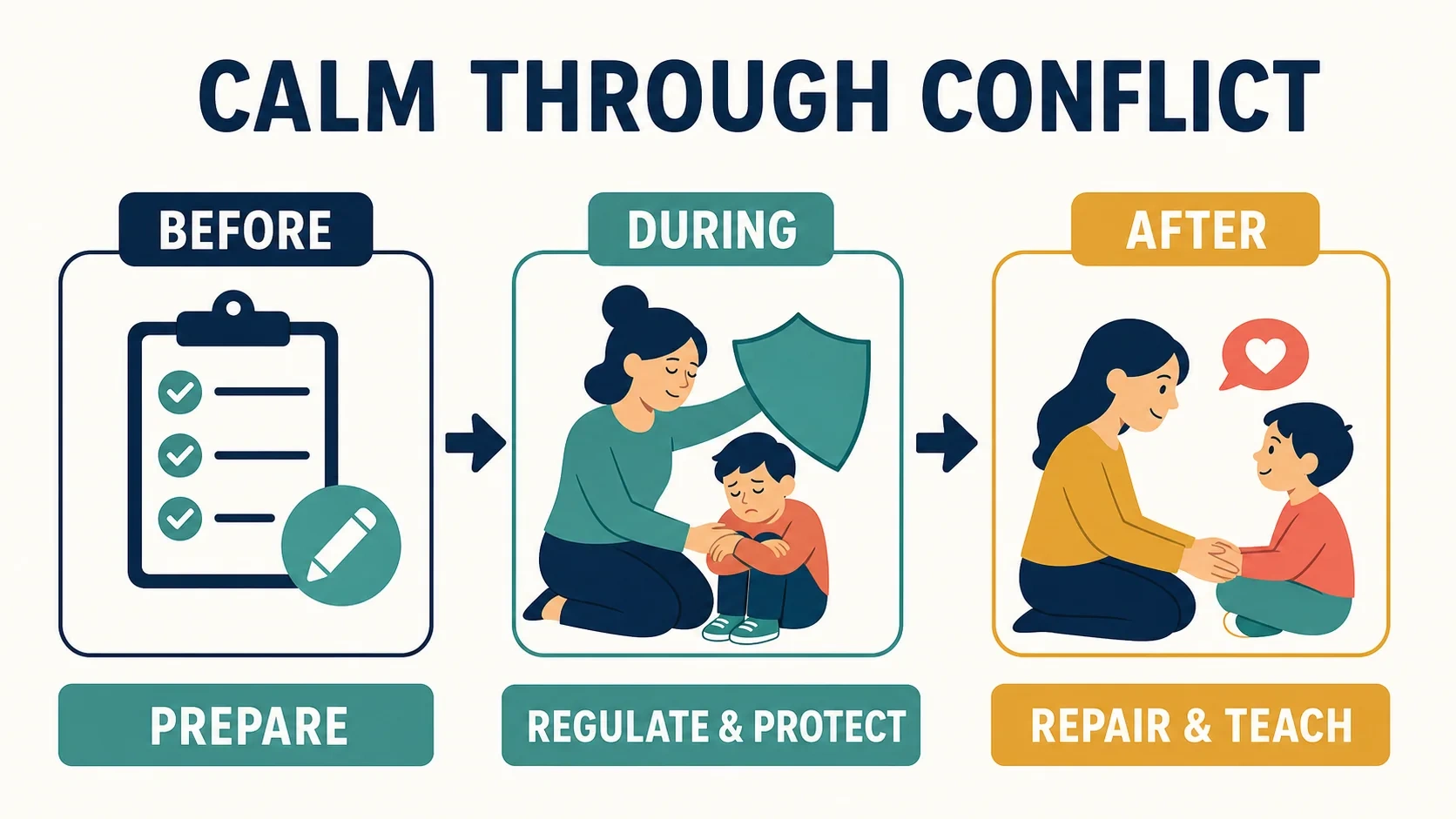 Calm through conflict process: prepare, regulate and protect, then repair and teach