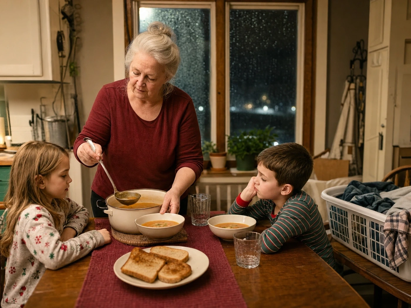 Grandmother serving a simple meal during a minimum routine on a hard day
