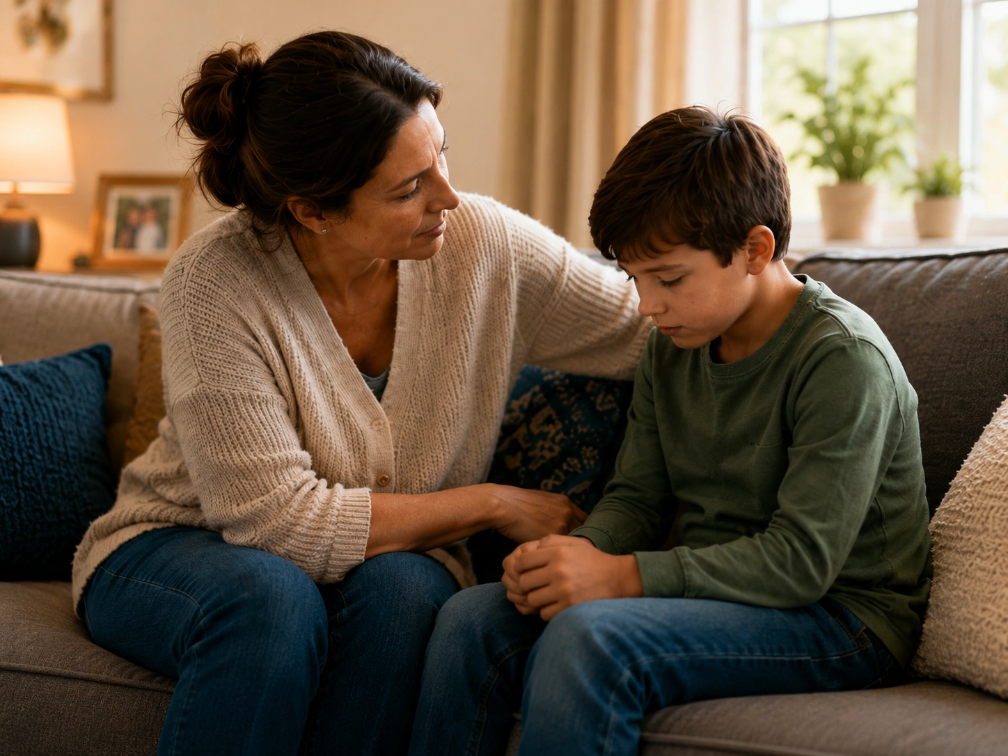 Caregiver using calm communication with a child after emotional escalation