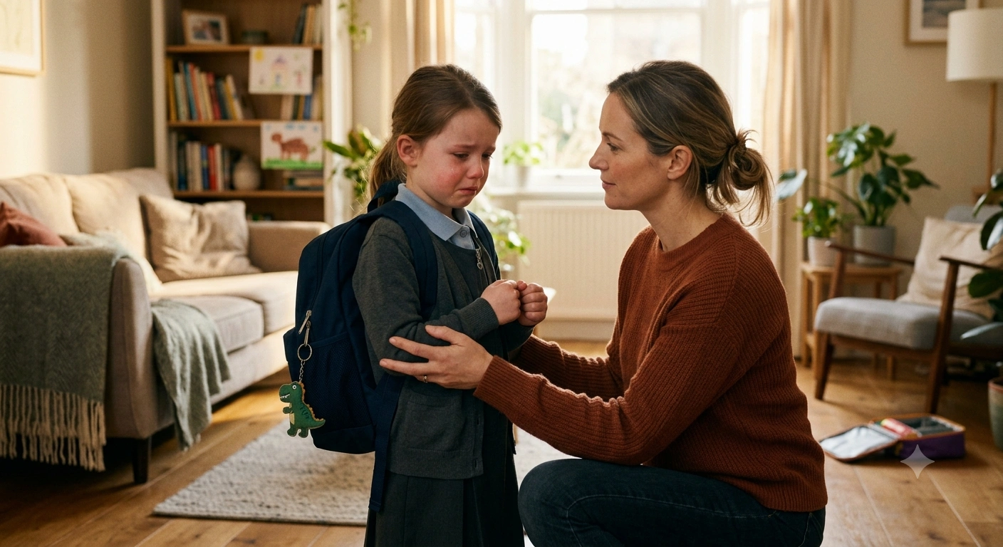 Parent using co-regulation to help an emotionally overwhelmed child feel safe and regulate big emotions