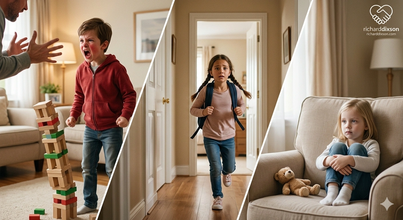 Children showing different stress responses including anger, avoidance, and emotional shutdown after feeling overwhelmed