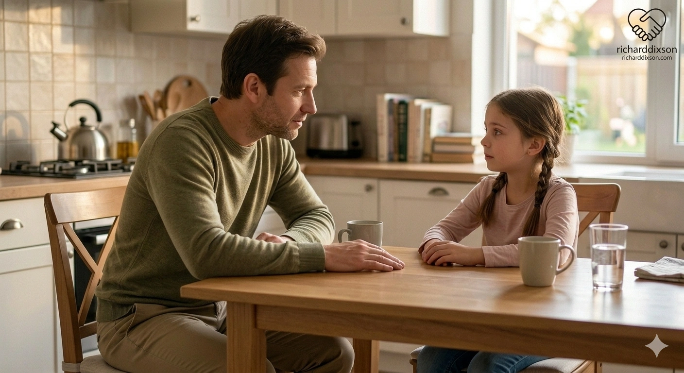 Parent and child having a calm conversation after conflict and rebuilding trust through connection