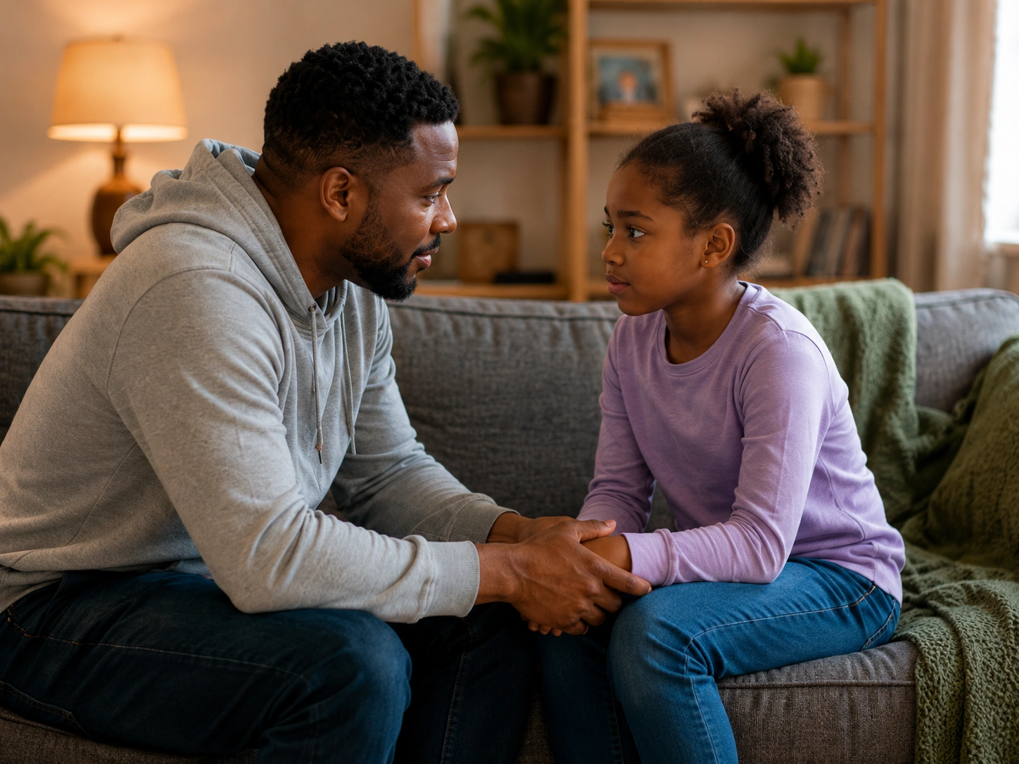 Foster parent offering calm support to a child during a difficult moment