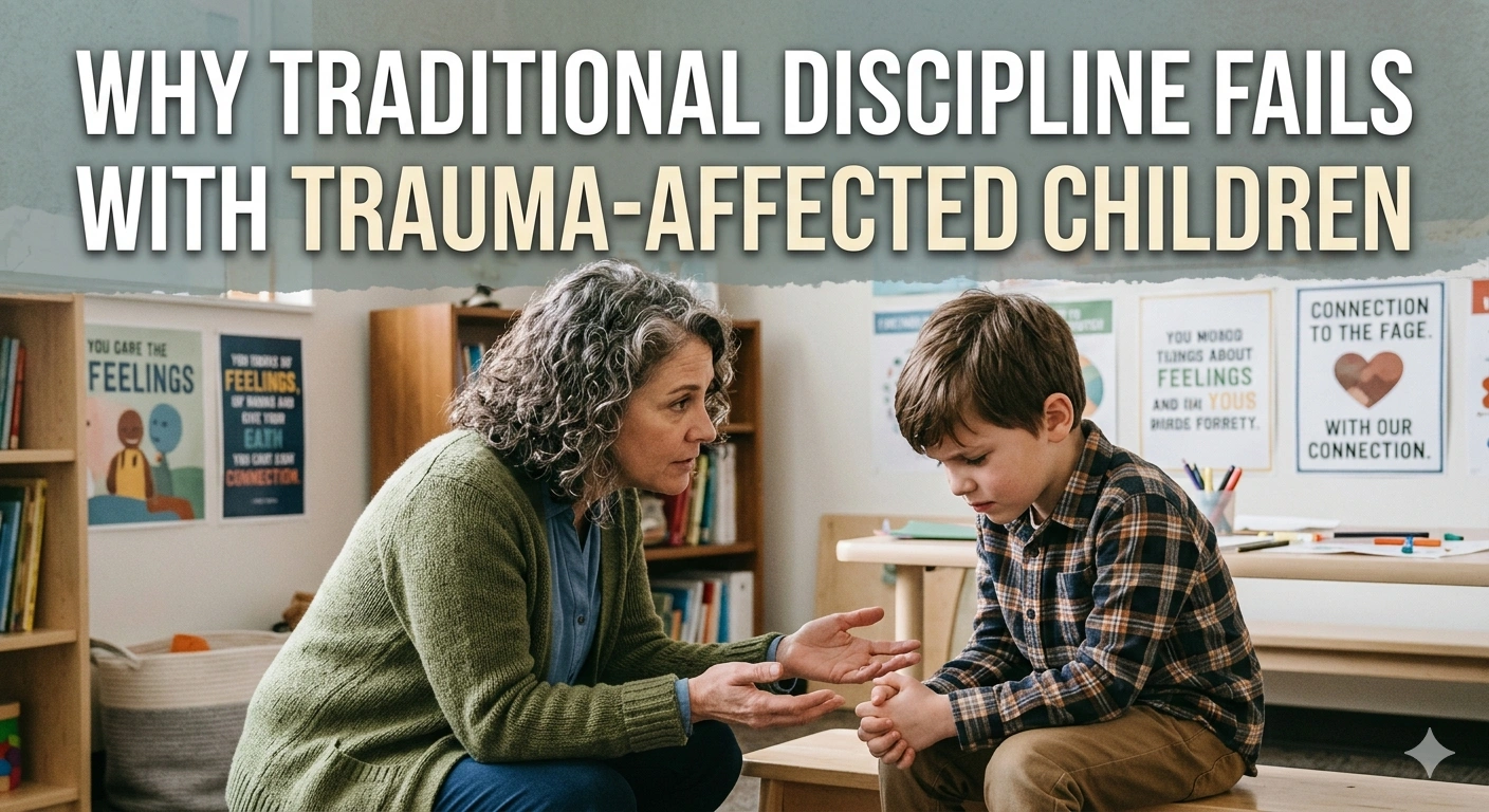 Parent calmly supporting an overwhelmed child while practicing a trauma-informed approach to behavior and discipline