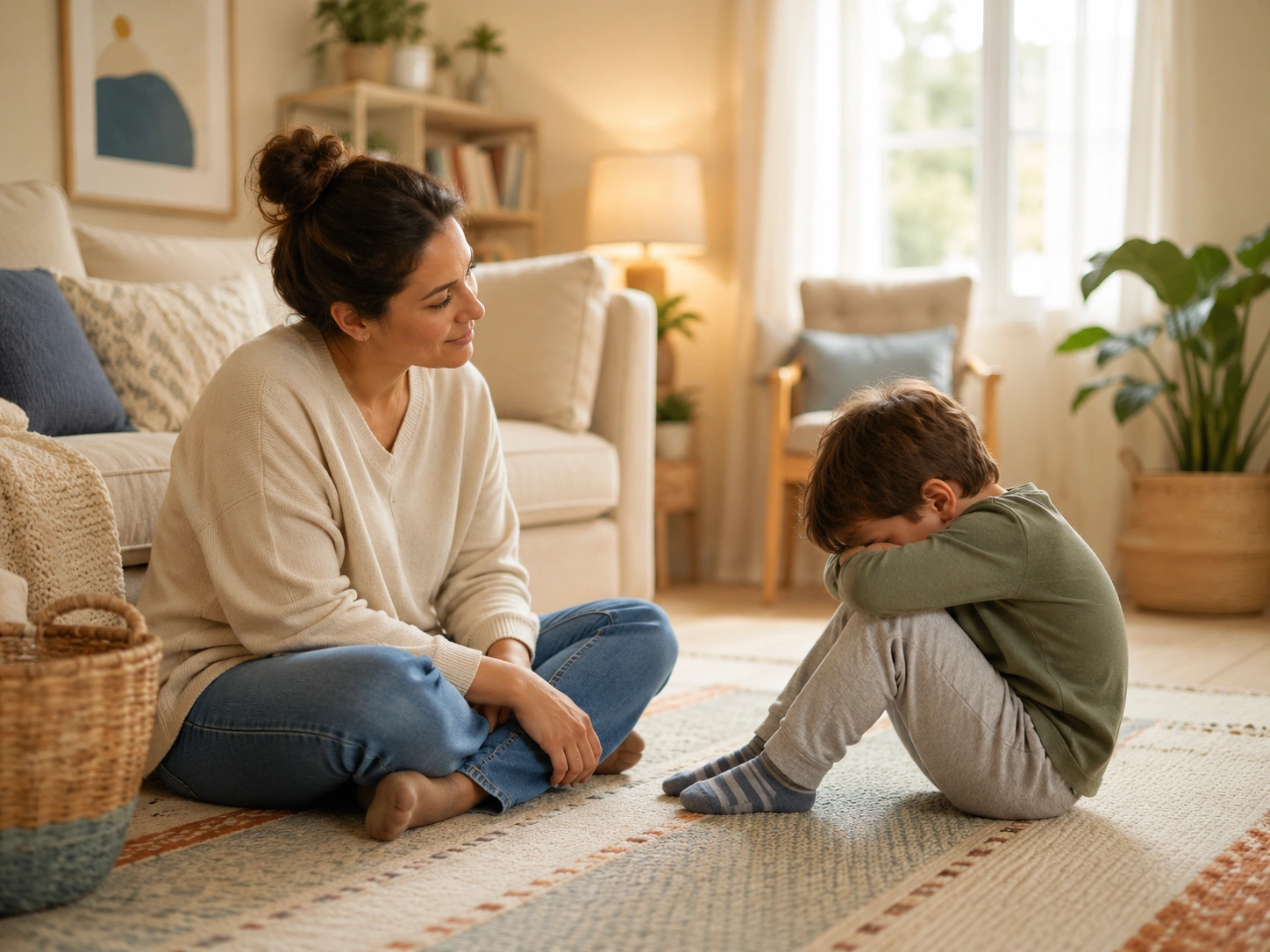 Caregiver reflecting calmly after a difficult parenting moment with a child impacted by trauma