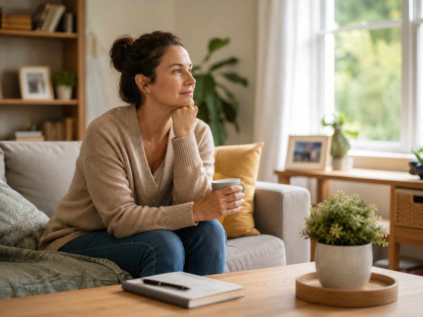 Calm caregiver using steady presence during a difficult parenting moment