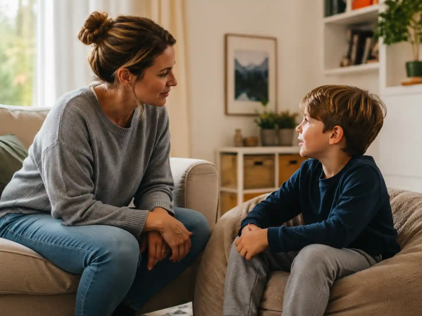 Caregiver using calm communication with a child after an emotional outburst