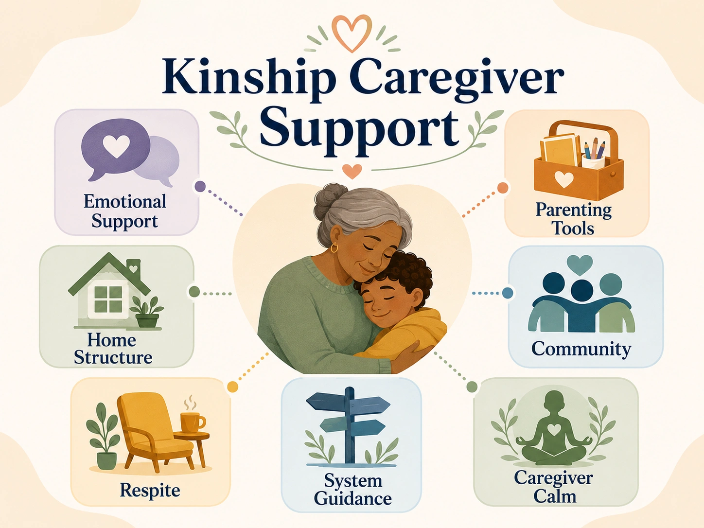 Kinship caregiver support pathway showing emotional, practical, parenting, and community support 