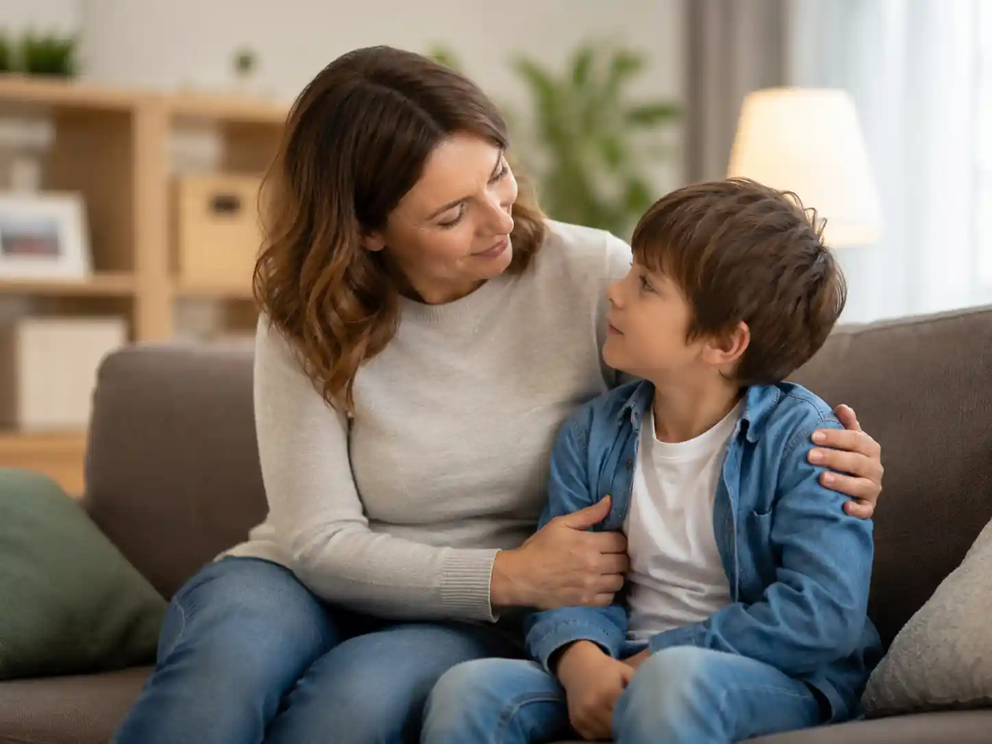 Grandmother sitting calmly with child together.