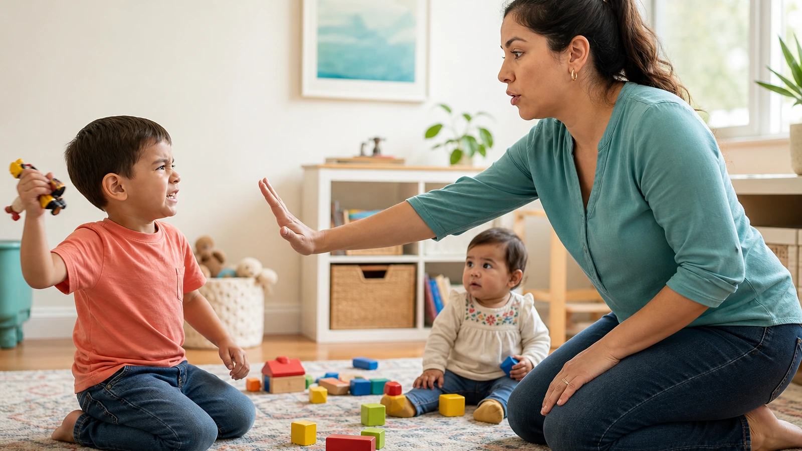 Mother calmly stopping unsafe play while keeping a clear boundary