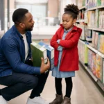 Father offering his daughter two acceptable choices during a grocery store conflict