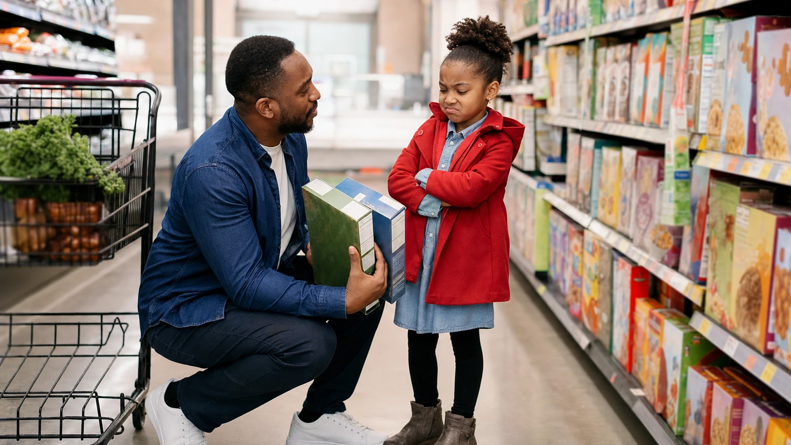 Father offering his daughter two acceptable choices during a grocery store conflict