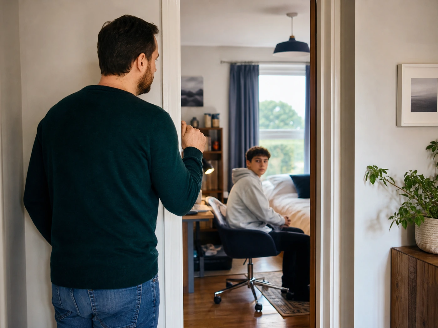 Caregiver knocking and waiting outside a foster teenager's bedroom