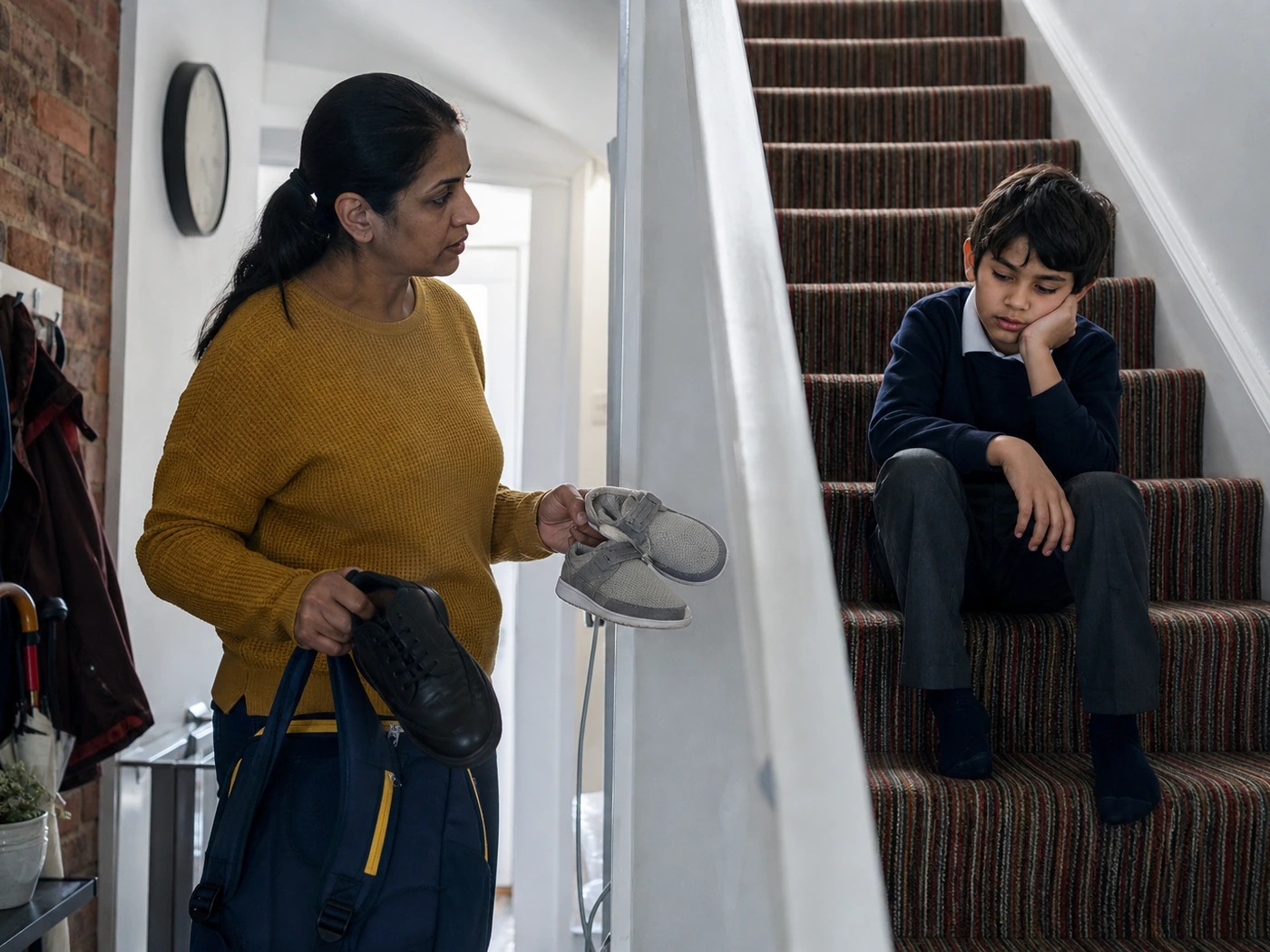 Mother offering two shoe choices during a difficult morning transition