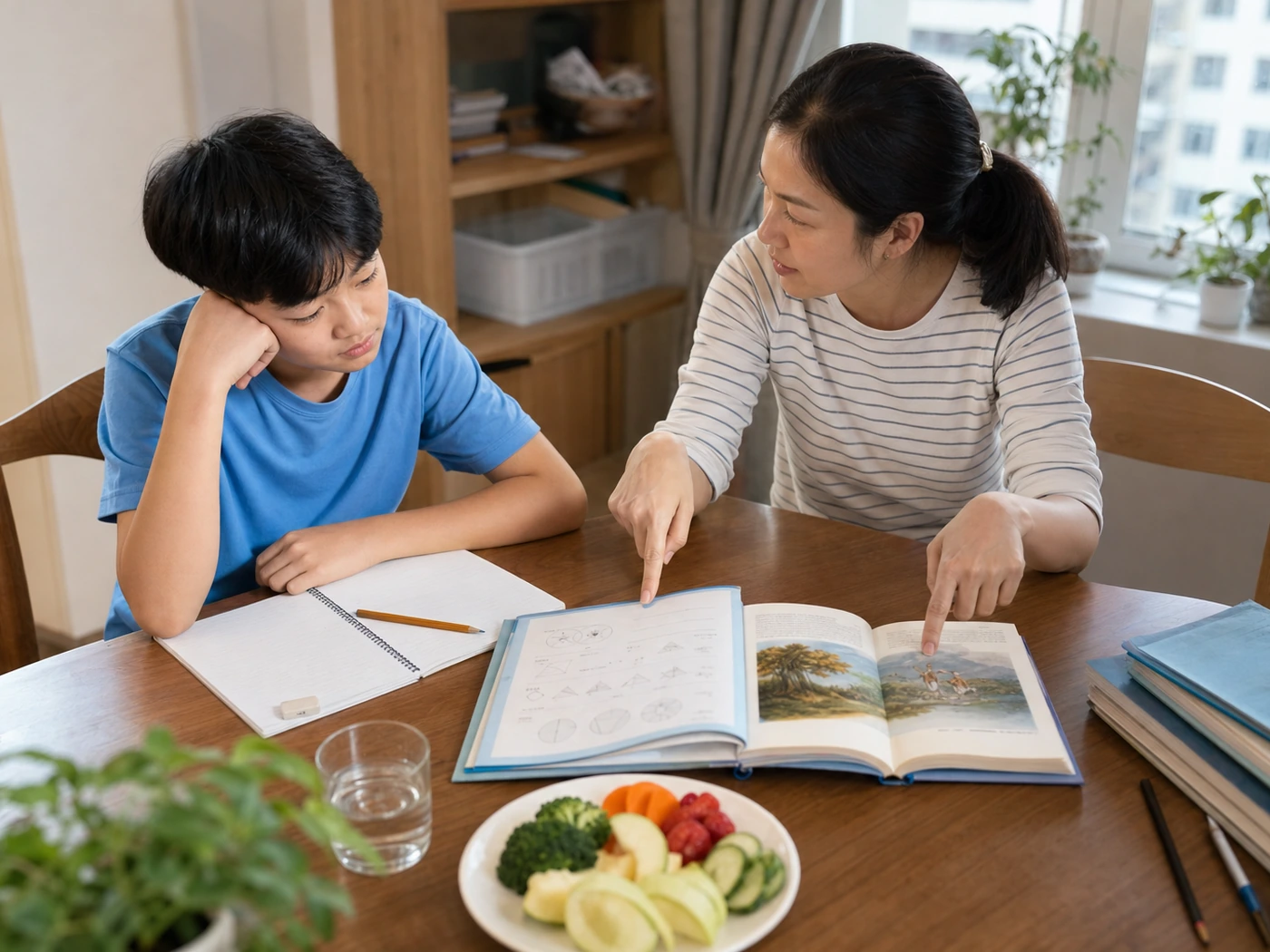Mother giving her child a choice about which homework task to begin