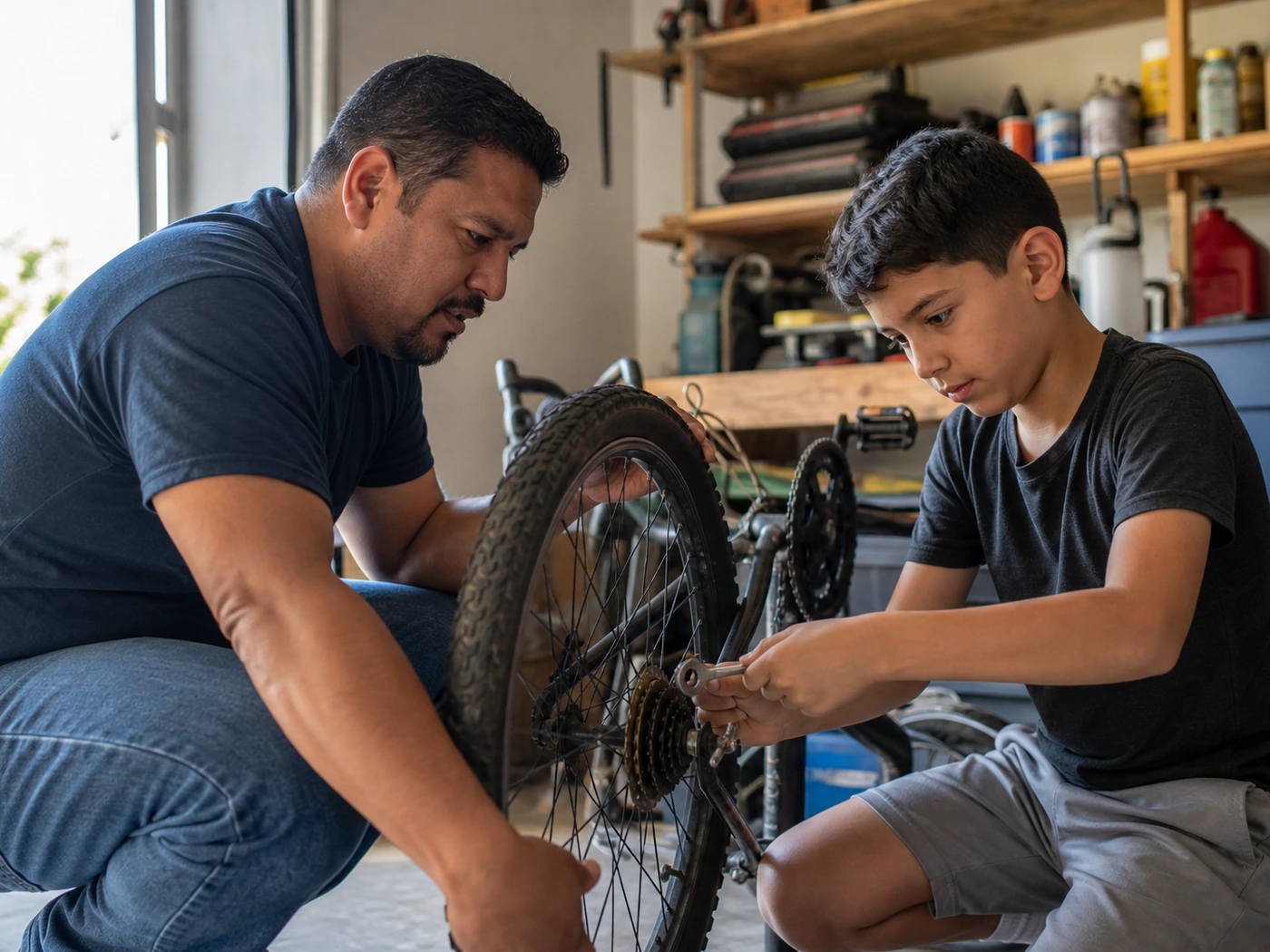 Father and child building trust while repairing a bicycle side by side
