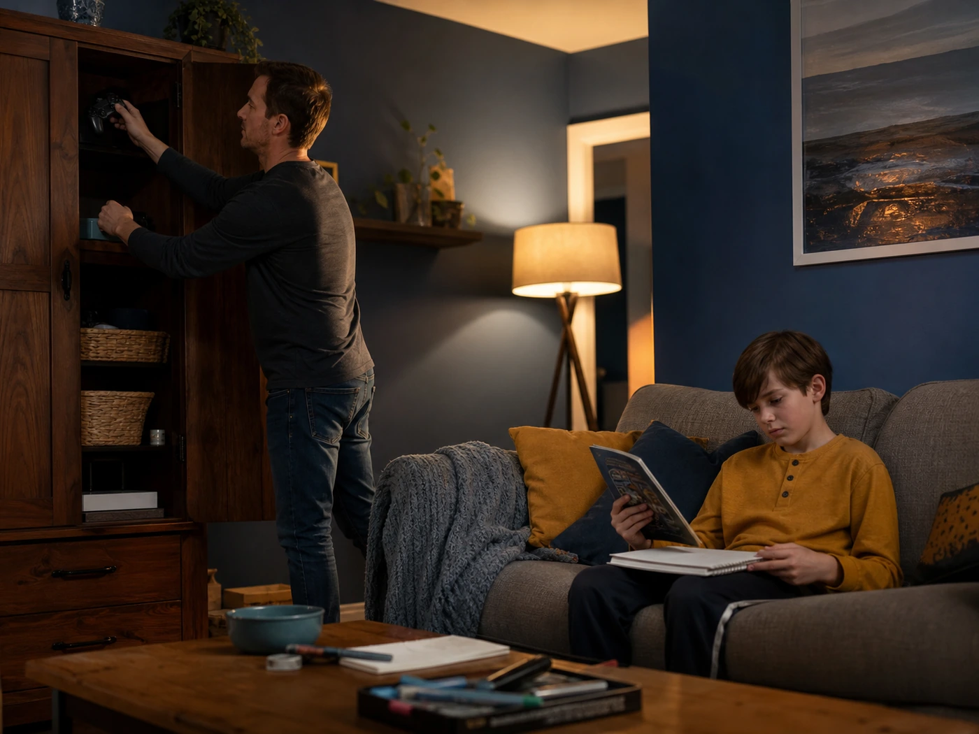 Father following through on a screen limit while his child chooses another activity