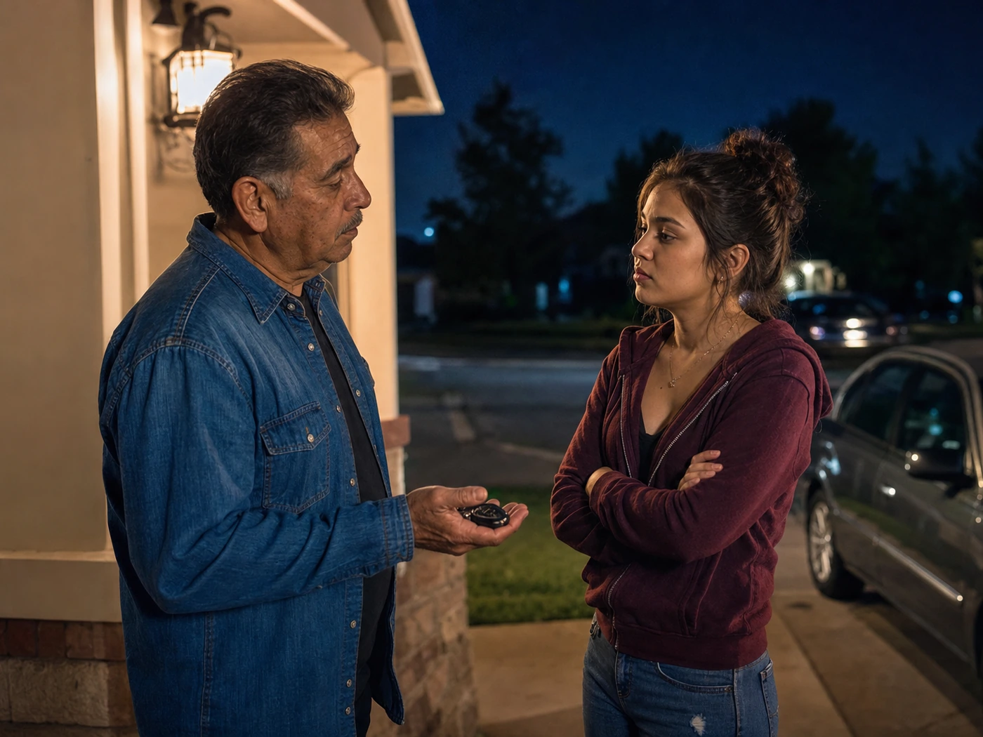 Grandfather and teenage granddaughter discussing a curfew boundary calmly