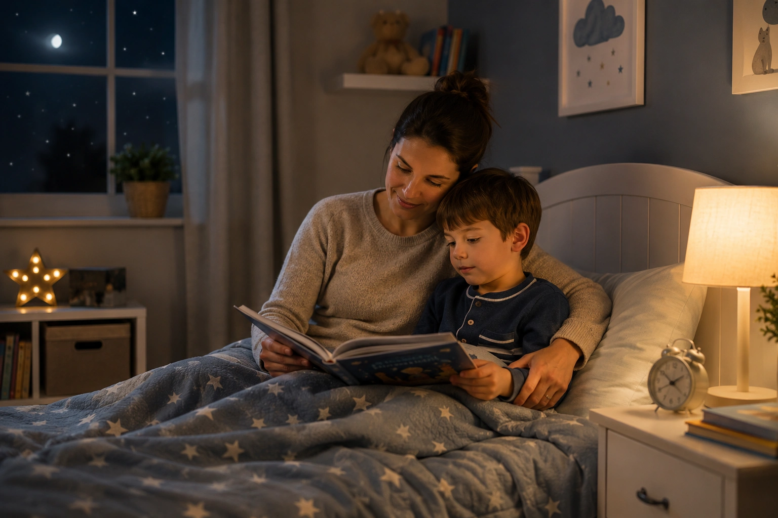 A parent follows a calm bedtime routine with a child, reading together in a softly lit bedroom to create emotional safety and predictable daily structure.