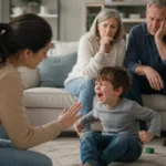 Parent calmly supporting a child during an emotional meltdown while concerned grandparents observe from the background.