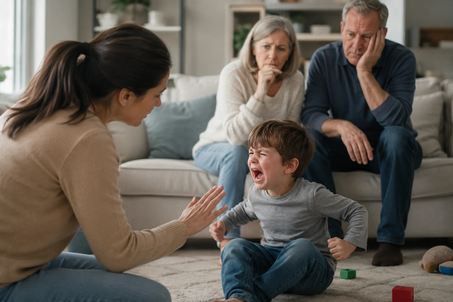 Parent calmly supporting a child during an emotional meltdown while concerned grandparents observe from the background.