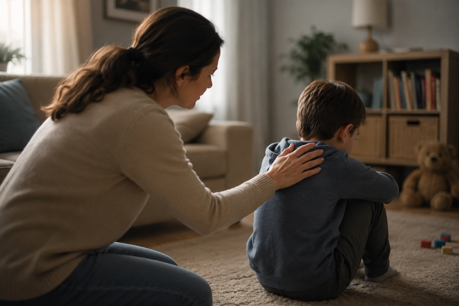 A parent gently reaches toward a child with Reactive Attachment Disorder, but the child withdraws and avoids eye contact, showing difficulty accepting connection after early trauma.