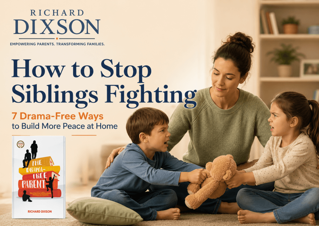 Parent helping children manage sibling conflict using calm trauma-informed parenting strategies
